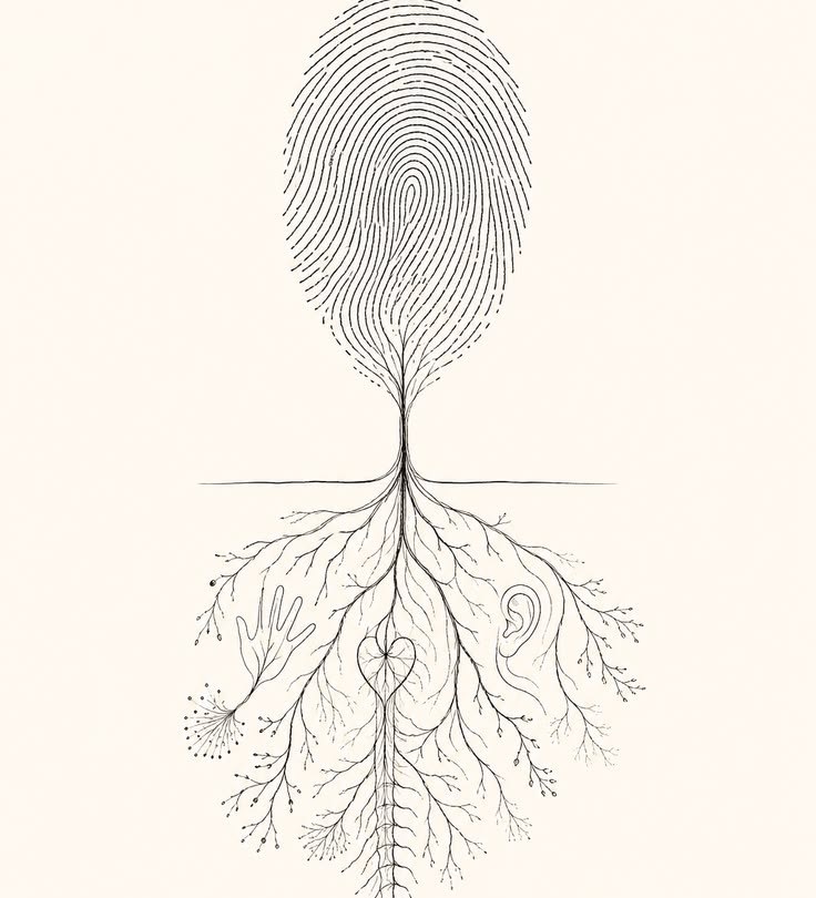 Touch is Language — fingerprint above, tree roots with hand and ear below